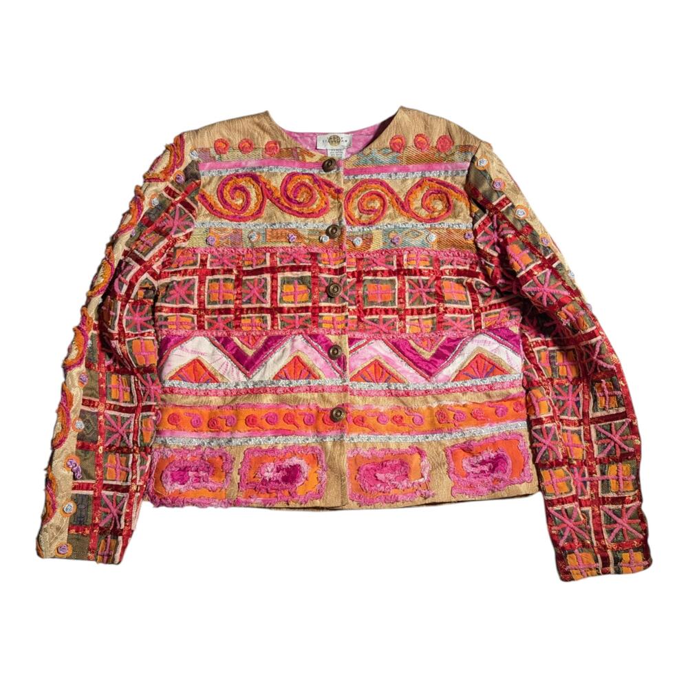 Vtg Y2K Sandy Starkman Pink Colorful Embroidered Scrappy Knit Artistic Jacket M